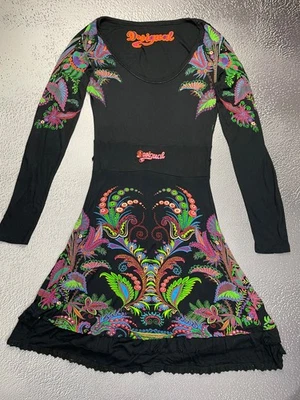 Desigual Damen schwarz Blumen Langarm Kleid Größe Large Gürtel verpasst - Bild 1 von 4