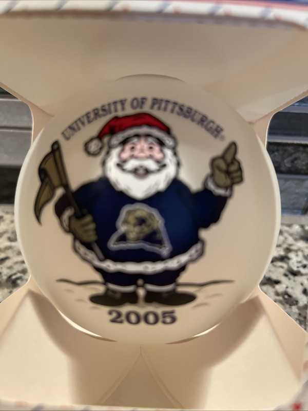 2005 University of Pittsburgh Glass Ball Christmas Ornament w/Santa Mascot