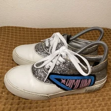 Miu Miu Silver White Leather Glitter Patch Sneakers Women’s Size 36 US 6 Lace Up