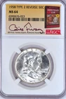 1958 Type 2 Reverse Franklin Half Dollar NGC MS 64 Bill Fivaz Signature Label