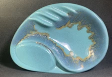 Atomic Kidney Shape Ceramic  Ashtray,  Turquoise Blue Gold, Vintage! Great Cond.