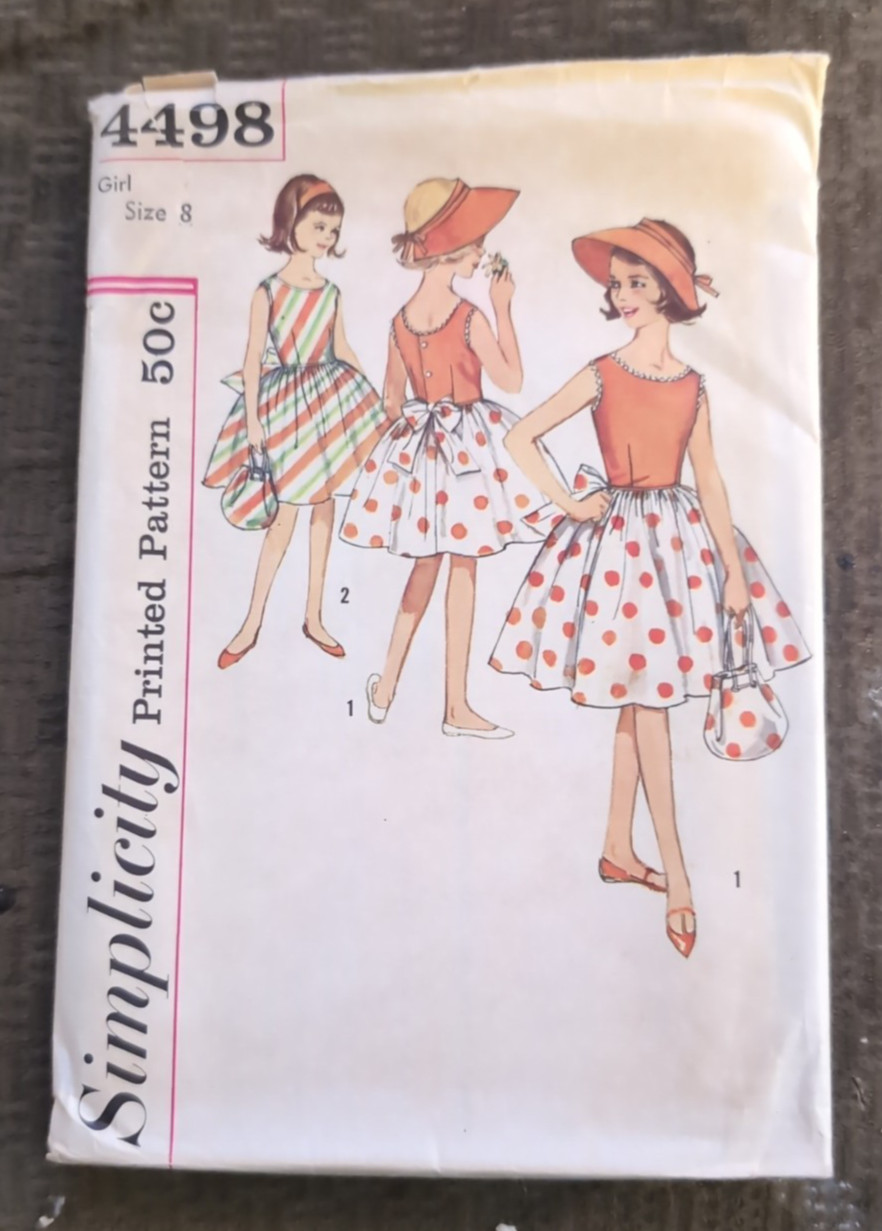 Vintage 1960s Simplicity 4498 Girls Dress Sun Hat & Bag Pattern Size 8 Uncut NOS