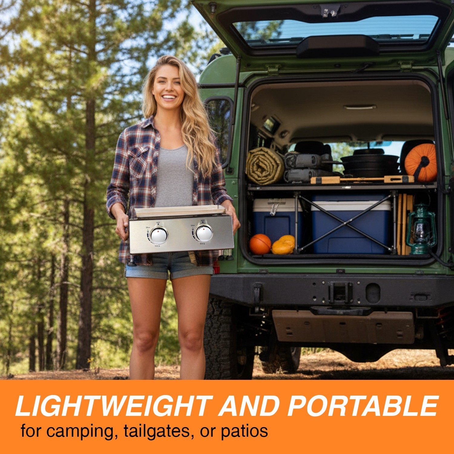 14 Inch Tabletop Gas Grill, 2 Burner Portable Flat Top Griddle with Legs, Cover