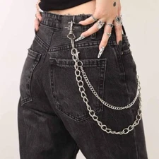 Bounzhi Hip Hop Pants Jean Chain Goth Punk Silver Trousers Chains Biker Heavy Th