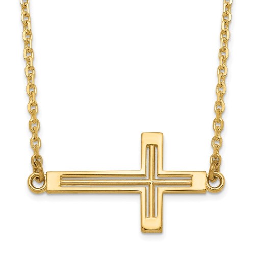 Real 14kt Yellow Gold Sideways Cut-out Cross Necklace; 19 inch; Lobster Clasp - 第 1/5 張圖片