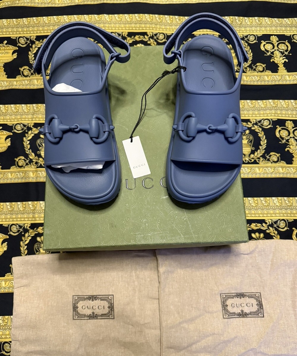 NEW Auth Gucci Horsebit Platform Slide Sandals Blue Rubber