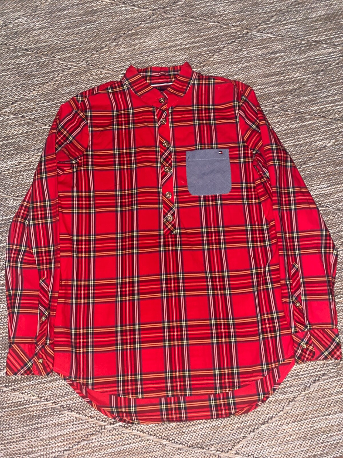 Tommy Hilfiger Womens Red Plaid Button-Up Long Sleeve Henley Tunic Shirt XS