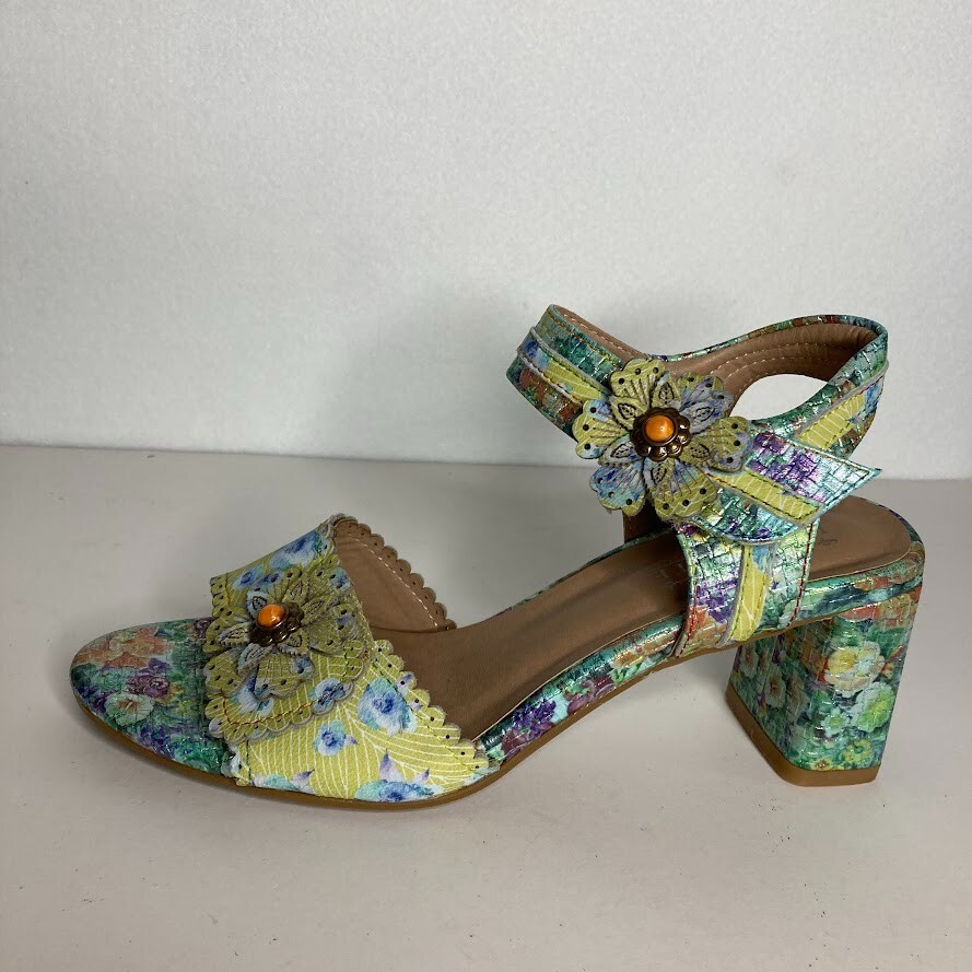 L'Artiste by Spring Step Vogeush Floral Heeled Sandal Sz 9 (40) 3" heel New
