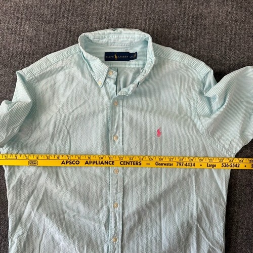 Ralph Lauren Mens Seersucker Button Down S/S Light Blue White Stripe Shirt Large - Picture 5 of 6