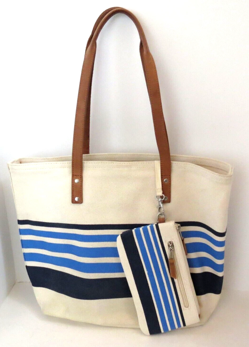Vintage LL Bean Boat & Tote Bag & Mini Purse - Stripes with Leather