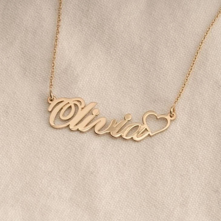 Collar con Nombre de Oro Sólido 14K con Corazón-Placa con Nombre Personalizada y Caja Cadena-Collar Foto 3 de 4