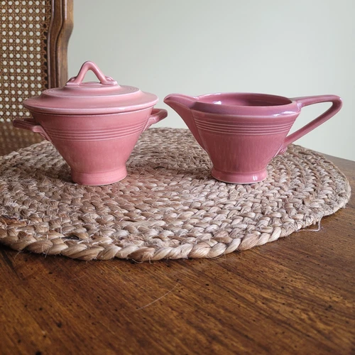 Vtg Homer Laughlin Harlequin Sugar Bowl & Creamer Set Salmon Rose Pink/CHIP READ