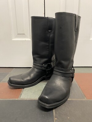 Men s Black Leather Pistolero Western Biker Harness Boots Size 10.5