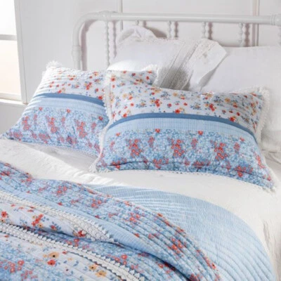 GREENLAND HOME FASHIONS COTTAGE CHIC Full Queen QUILT SET : COZY BETTY BLUE ROMANTIC LACE FLORAL SHABBY