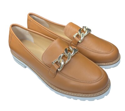 TALBOTS Liz Gold Chain Genuine Nappa Leather Loafers Size 9.5 M Havana Tan