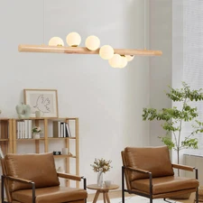 Modern 7-Light Linear Wood Pendant Chandelier Glass Bubble Ceiling Light ‎Indoor
