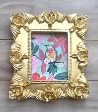 Hummingbird miniature art watercolor print in gold vintage style ornate frame