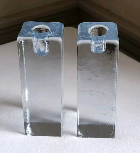 Pair Blenko Style Glass "Ice Cube" Taper Candle Holders Solid Frosted 5.5"