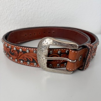 Ariat Full Grain Leather Belt Men Brown Floral Tooled Western Silver Tone Buckle