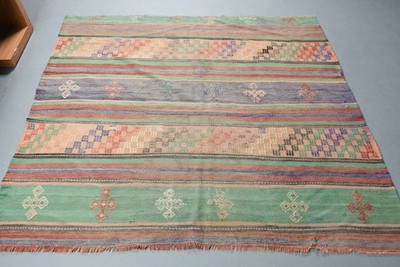Vintage Turkish Rug, 5,9x5,2 ft Area Rug, Green Red Patchwork Wool Rug