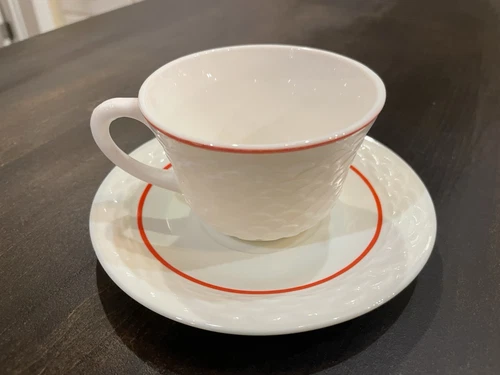 Vintage Anchor Hocking Fish Scale Vitrock Red Trim Cup and Saucer.  RARE! B140