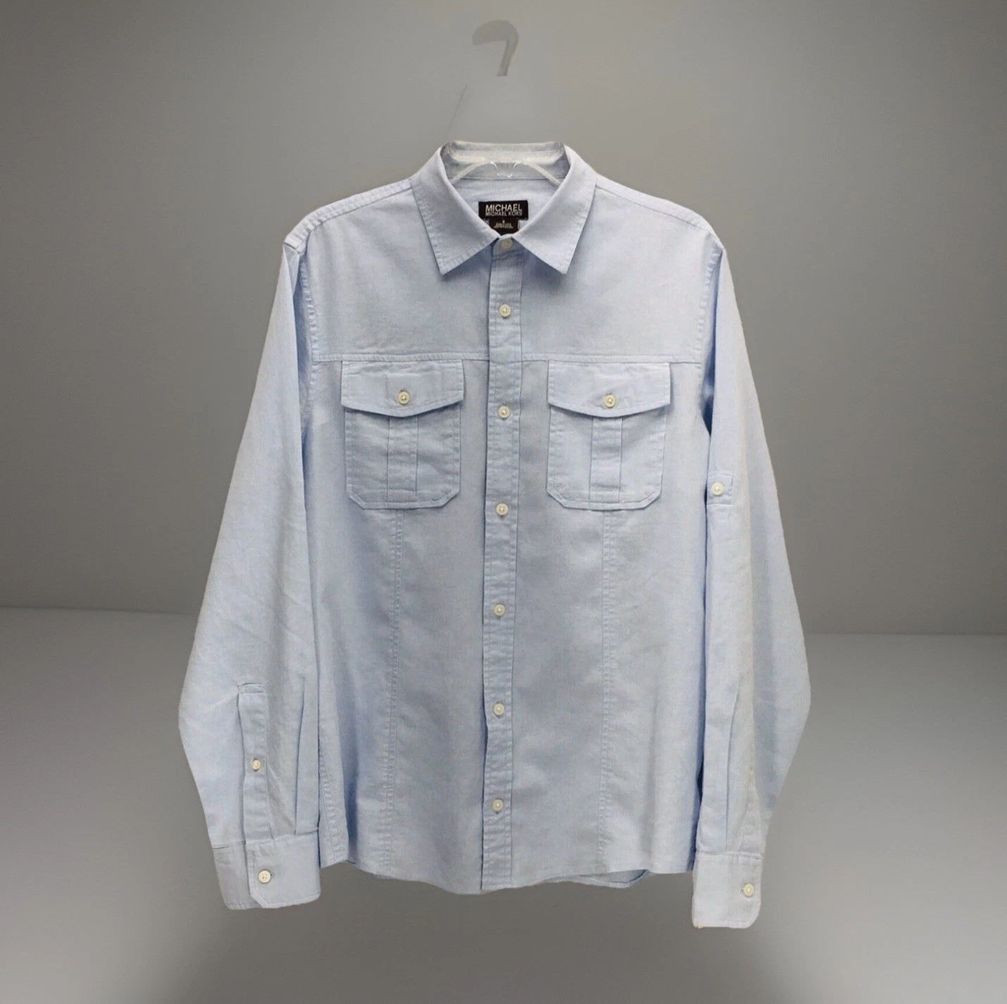 Michael Kors Mens Linen Blend Shirt Size S Blue Button Up Roll Tab Button Casual