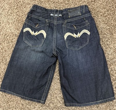 Vintage Y2K Ecko Unltd Denim Shorts Blue Embroidered Mens Size 36x13