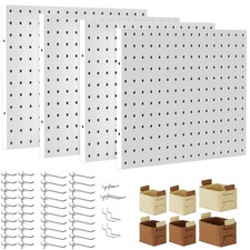Peg Board Organizer Kit 4 Pack Metal Panels 50 PCS Hooks Baskets White Wall Set