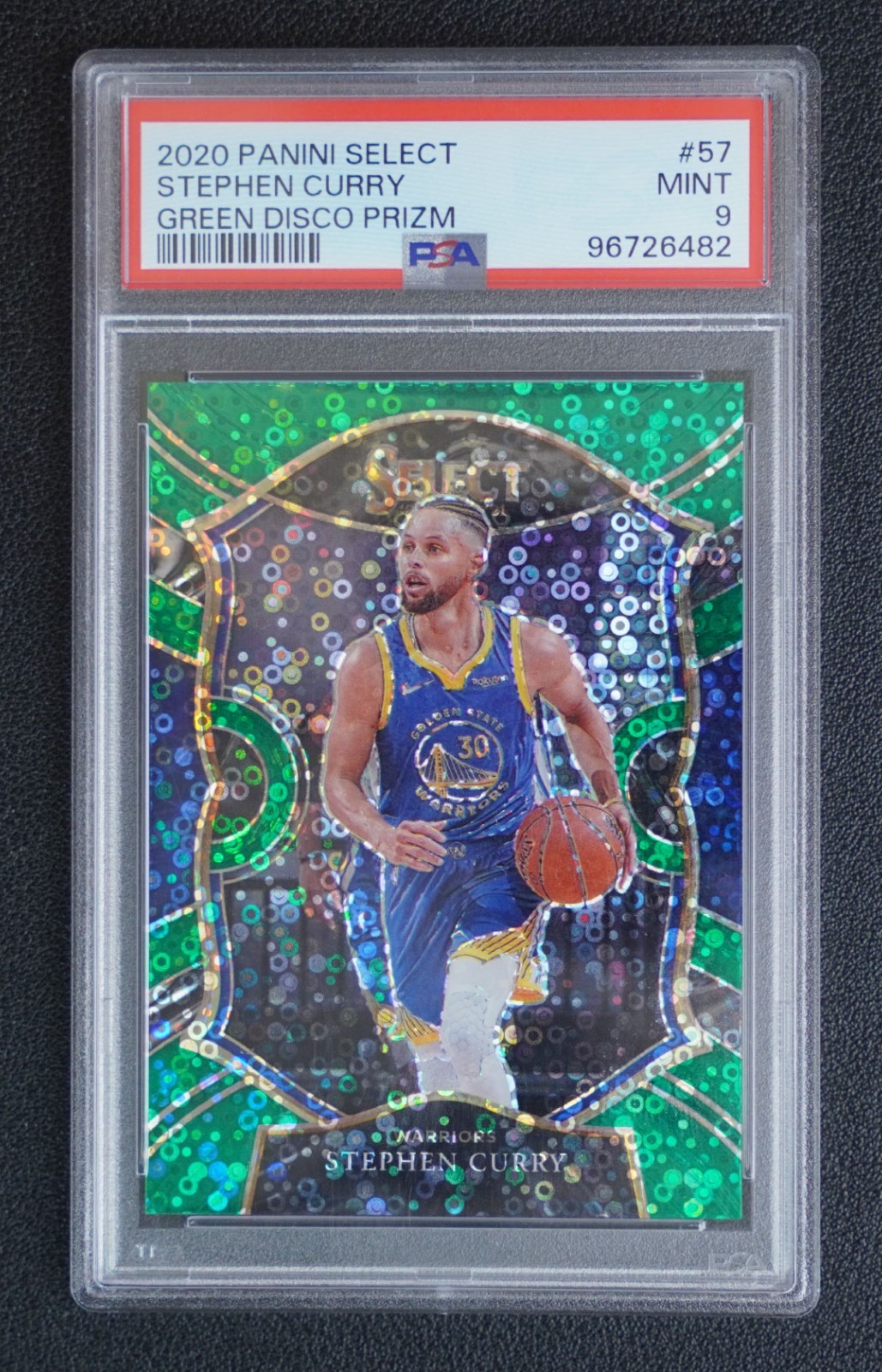 2020-21 Panini Select #57 Stephen Curry Concourse Green Disco Prizm /5 PSA 9