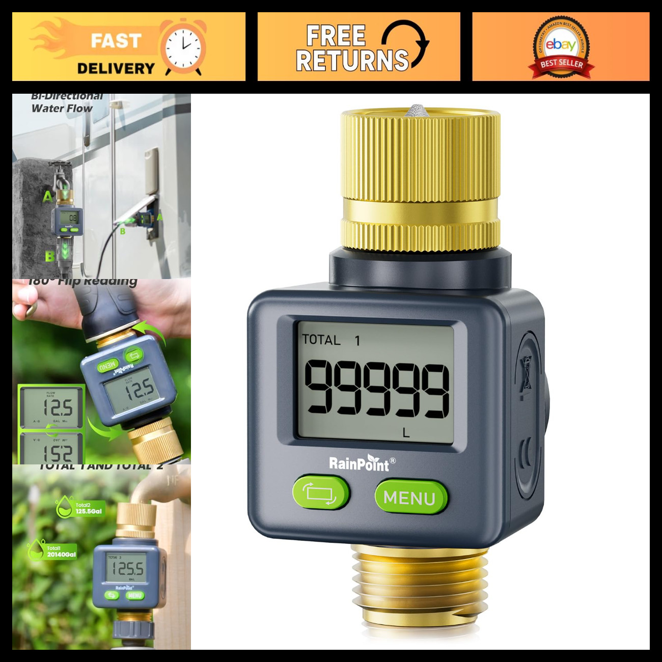 Water Flow Meter with Brass Inlet/Outlet, 180° Flip Screen, Gallon/Liter Measure