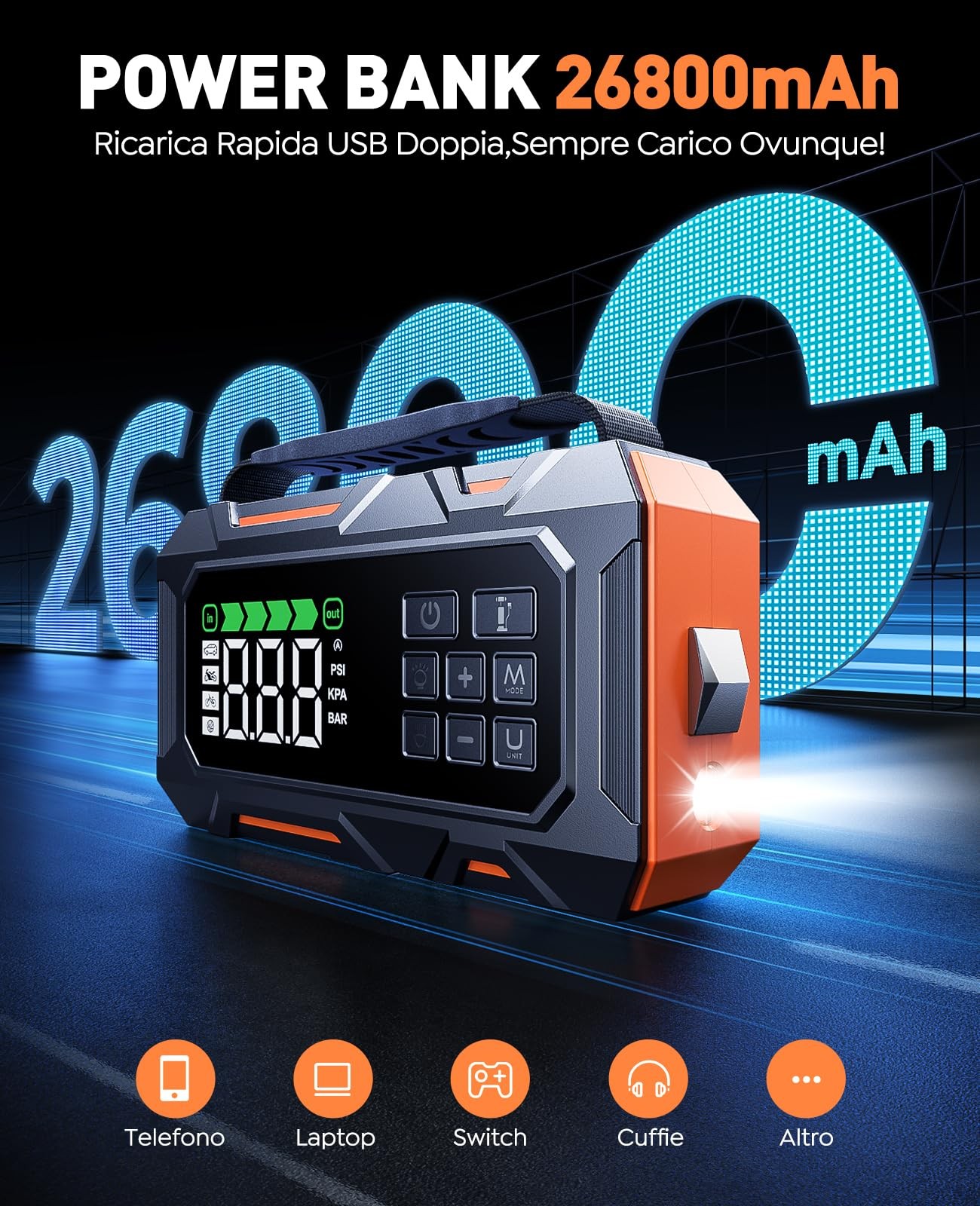 In 1 Booster Avviamento Auto da 8000A e Compressore 160PSI Avviatore - Miniatura 17