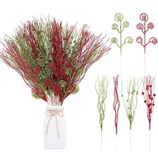 48 Pcs Christmas Tree Picks Artificial Glitter Berry Stem Ornaments Candy Sha...