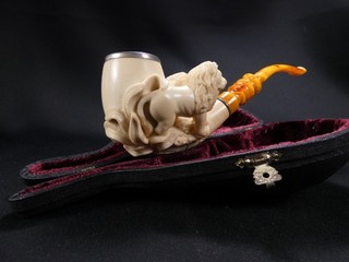 NobleSpirit Meerschaum Carved Pipe by Salim Lions in leaves with Fitted Case