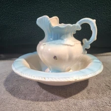 Vintage Ceramic Pitcher And Water Bowl Blue Amd White With Flowers (mini)