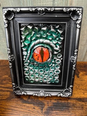 Atemberaubende 3D gerahmte grüne silberne DRACHENAUGE 6x4'' Schuppen Hörner Fantasy DND (A4)
