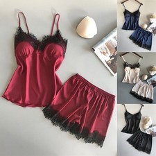 2PCS Womens Lace Satin Silk Sleepwear Lingerie Pajamas Cami Tops Shorts PJs.