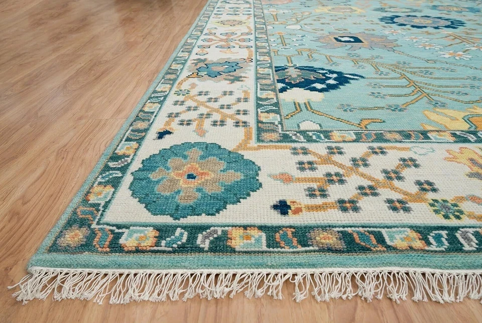 Aqua Blue Oushak Rug 8x10 Modern Area Rug Ivory Knotted 9x12 Colorful Woolen Rug - Image 3 of 4