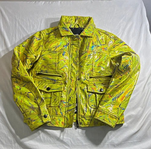 Desigual Women’s Designer L Yellow Abstract Full-Zip Lined Jacket Pockets - product listing photo