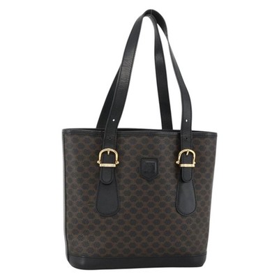 CELINE Macadam Canvas Tote Bag PVC Leather Black Gold Auth YKZ1148