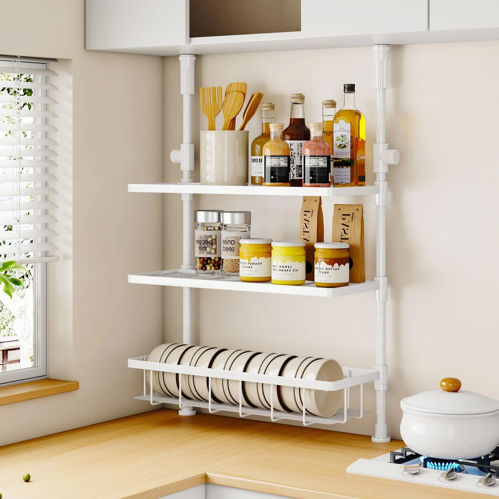 3 Tier Free Adjustable Height Wall Mounted Countertop Spice Rack Organizer