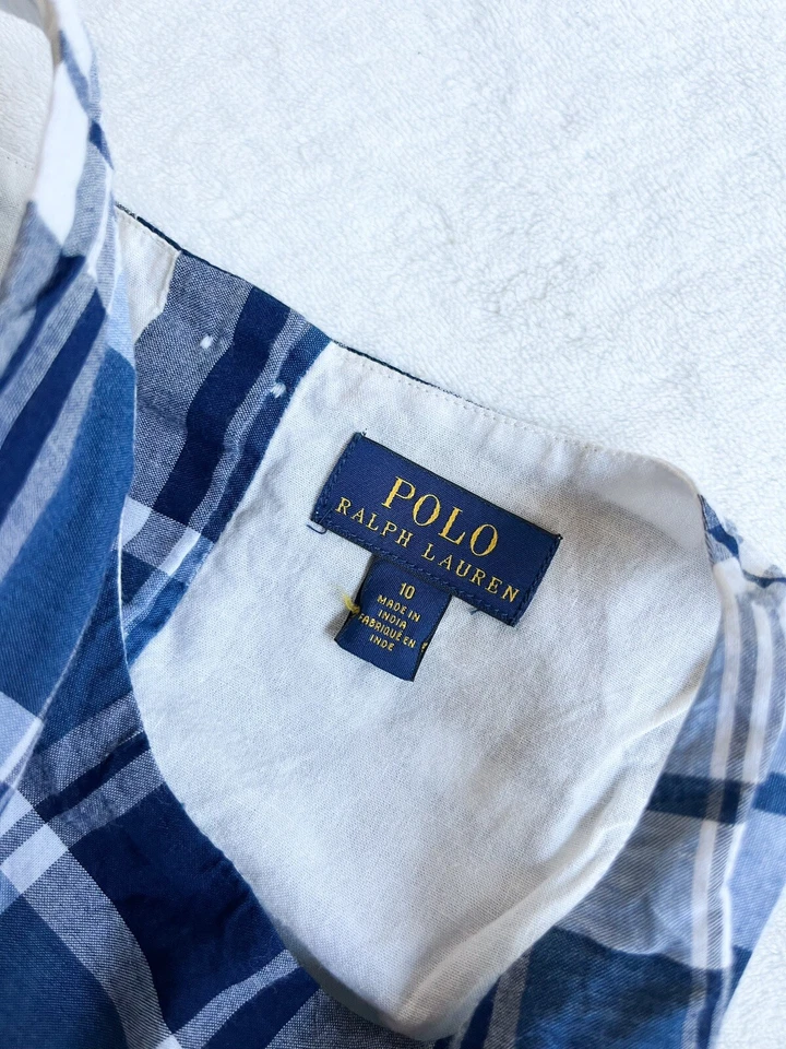 EUC! Polo Ralph Lauren BLUE Girls Fit-&-Flare Plaid Check Oxford Dress Sz 10 - Image 2 of 4