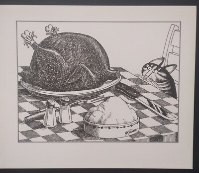 B Kliban Cats THANKSGIVING TURKEY CAT Vintage Funny Cat Art Print 1981