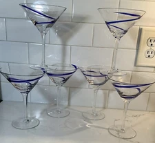 Pier 1 Cobalt Blue Swirline Martini Cocktail Glasses - Set of 6 EUC