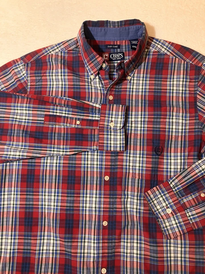 Chaps Shirt Men’s Size LT Easy Care Long Sleeve Button Up Plaid Red White - Image 2 of 4