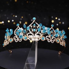 Blue Gold Crystal Crown Tiara real metal gift birthday gift diadem bridal