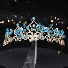 Blue Gold Crystal Crown Tiara real metal gift birthday gift diadem bridal