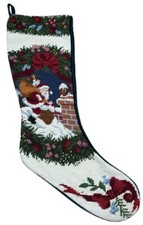 Needlepoint Christmas Stocking Santa Claus Chimney Bag of Toys Lined Velvet