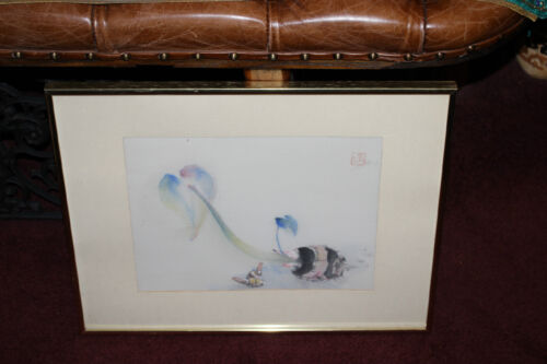 Chinese Asian Water Color Painting Budding Flower Signed Stamped Framed - 第 1/12 張圖片