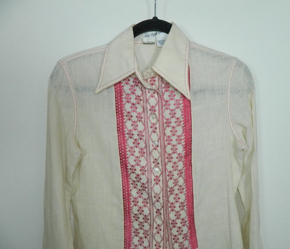 Camisa Anne Klein Saks Fifth Avenue Talla 8 Marfil Rojo Lino Bordado De Colección Foto 3 de 4