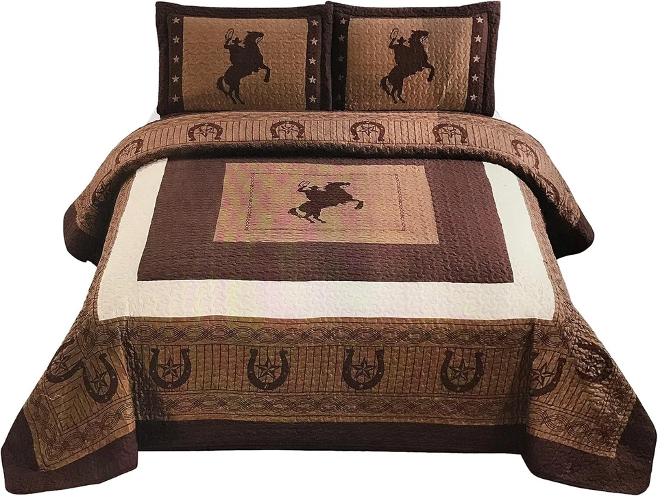 Rustic Cowboy Quilt Set - Oversize King Bedspread with Star & Horse Patterns - Image 2 of 3